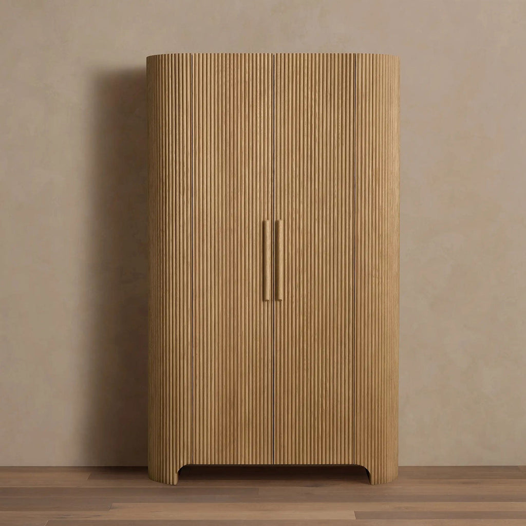 Astor Reeded Oak Tall Cabinet Living Room Bedroom Wood Storage Cabinet