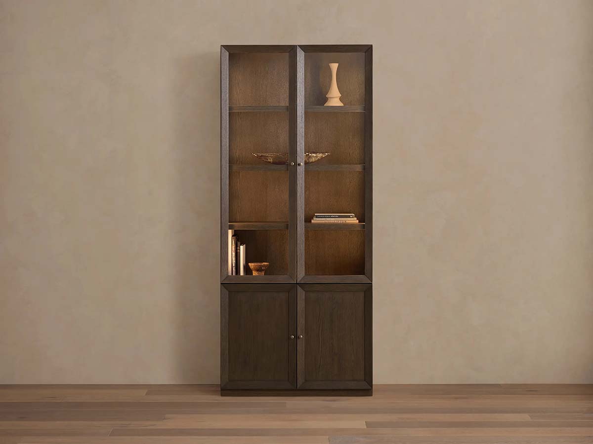 Nason Modular Glass Display Cabinets Oak Wood Tall Cabinets Large Bookcase with Integrated LED Lighting