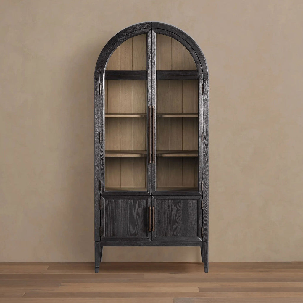 Hattie Glass Tall Display Cabinet Oak Wood Living Room Storage Cabinet