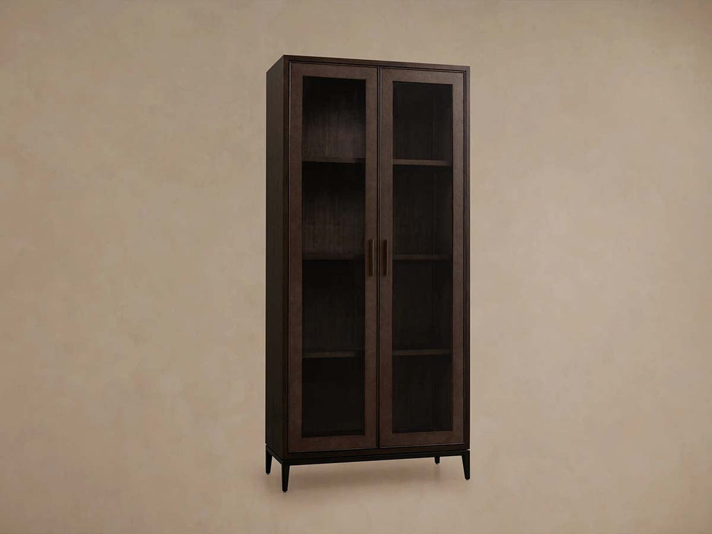 Malone Textured Leather Tall Display Cabinet Wood Storage Cabinet with Glass Doors