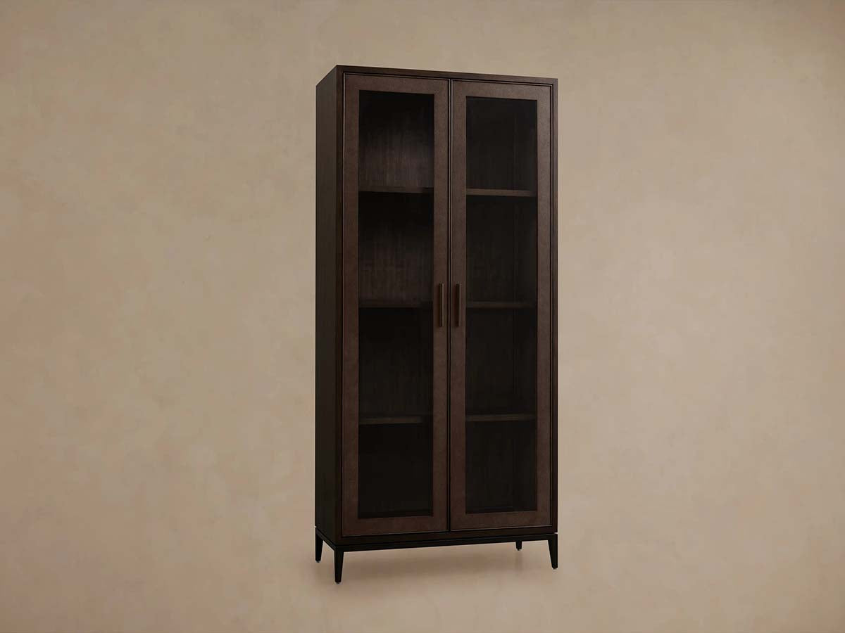 Malone Textured Leather Tall Display Cabinet Wood Storage Cabinet with Glass Doors