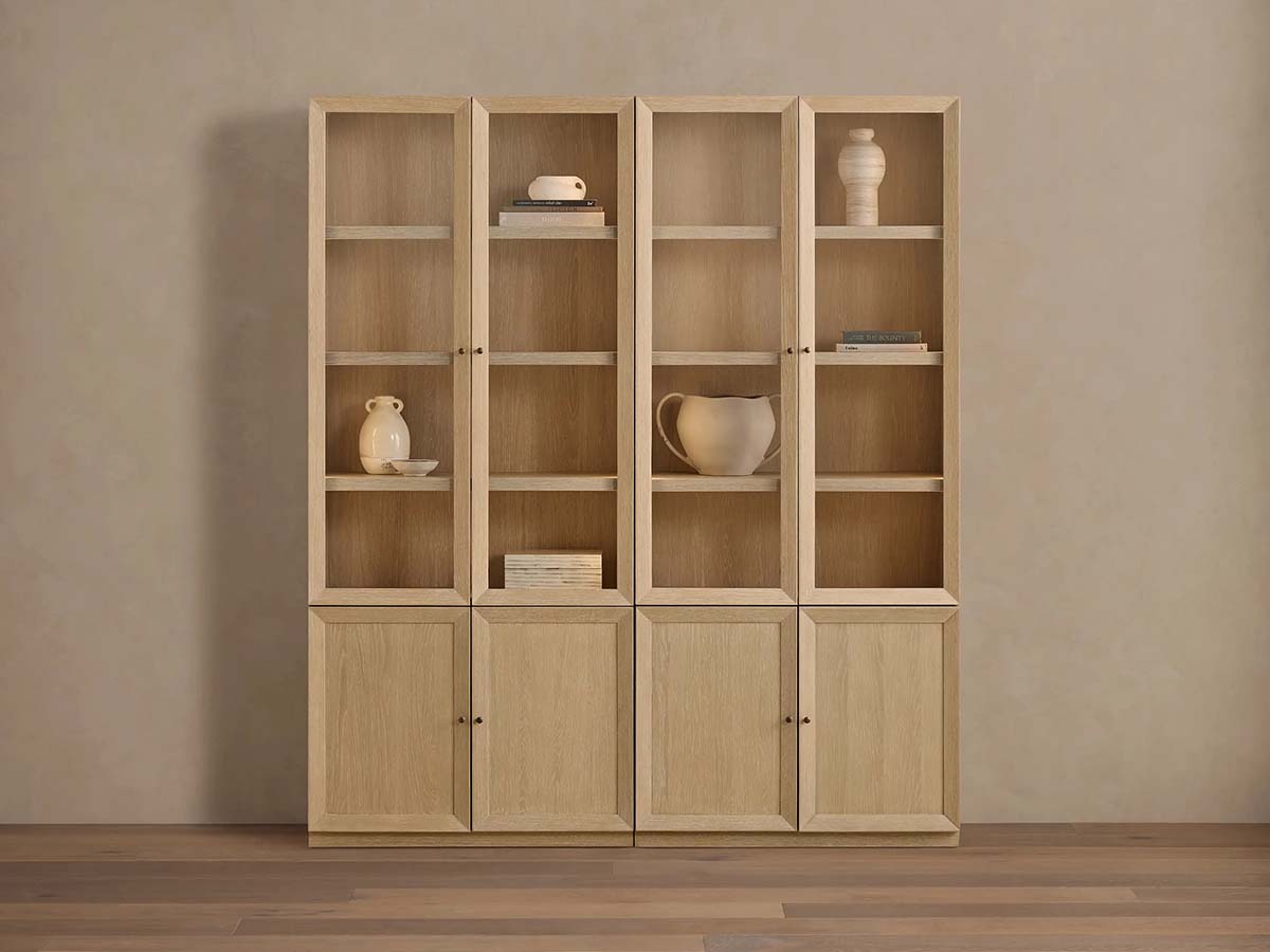 Nason Modular Glass Display Cabinets Oak Wood Tall Cabinets Large Bookcase with Integrated LED Lighting