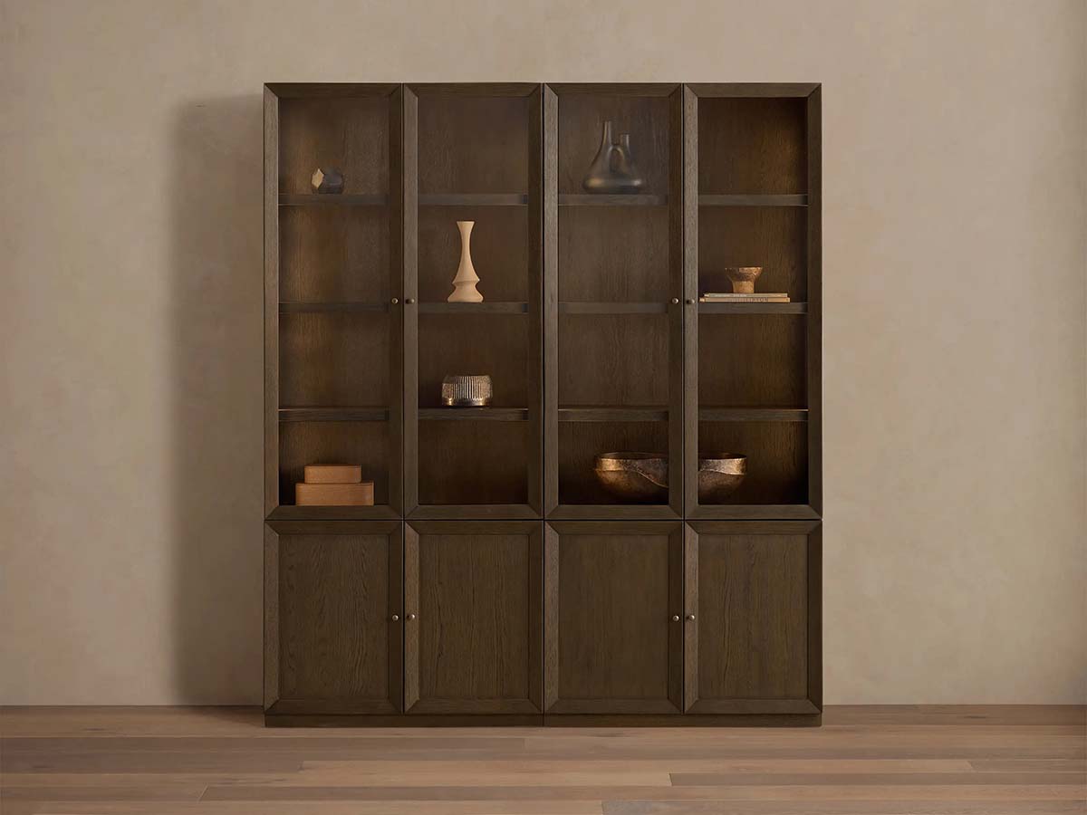 Nason Modular Glass Display Cabinets Oak Wood Tall Cabinets Large Bookcase with Integrated LED Lighting