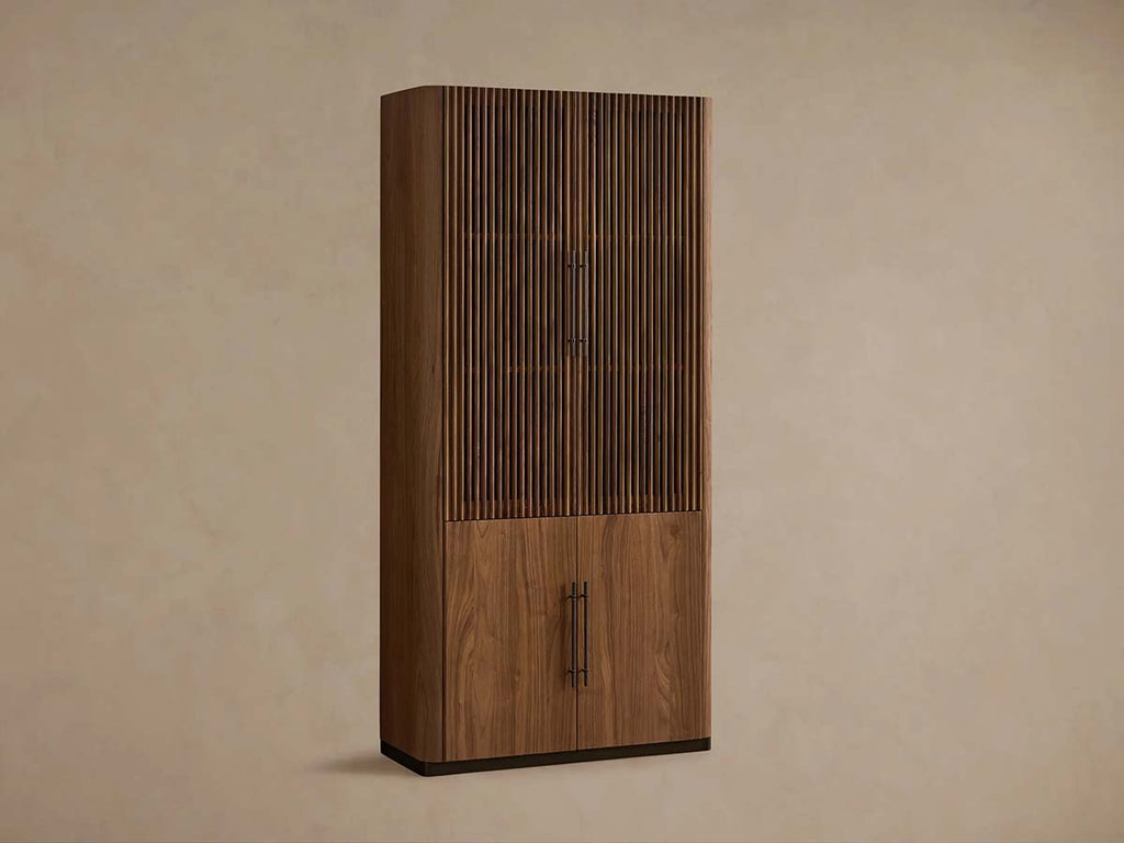 Piermont Modular Reeded Tall Display Cabinet Black Walnut Bookcase with Bronze Plinth Base