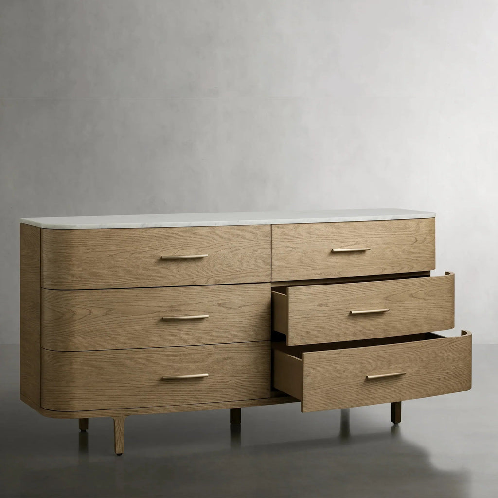 Danny Wood Six-Drawer Dresser with Marble Top Chest Of 6 Drawers Storage Cabinet