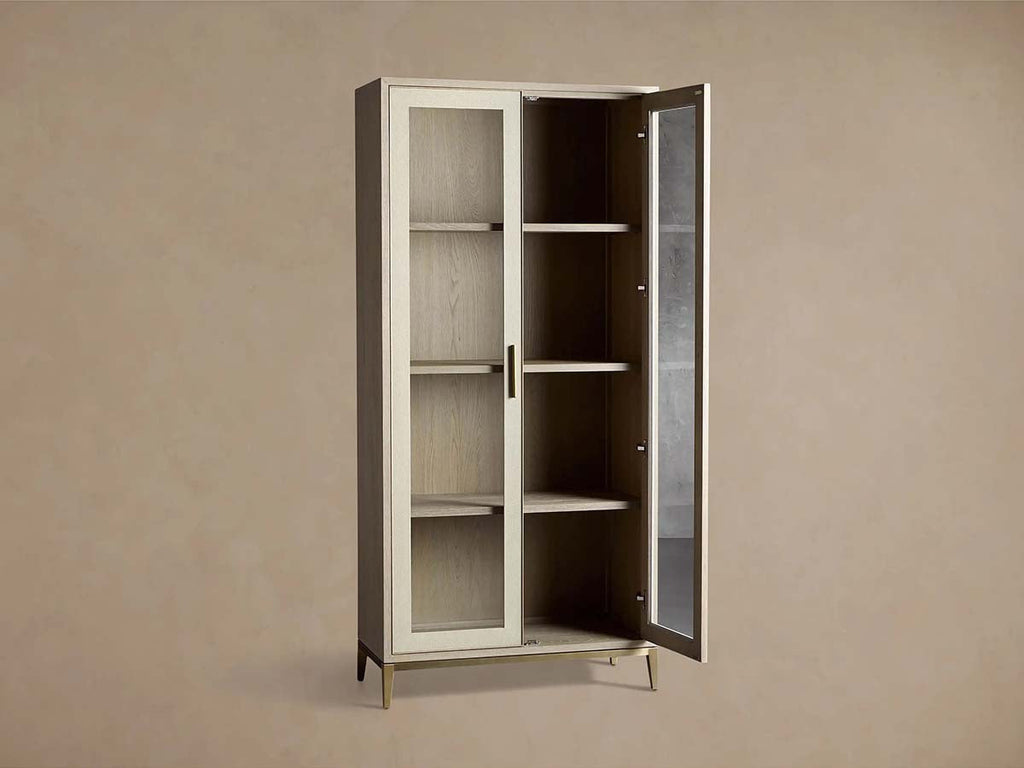 Malone Textured Leather Tall Display Cabinet Wood Storage Cabinet with Glass Doors