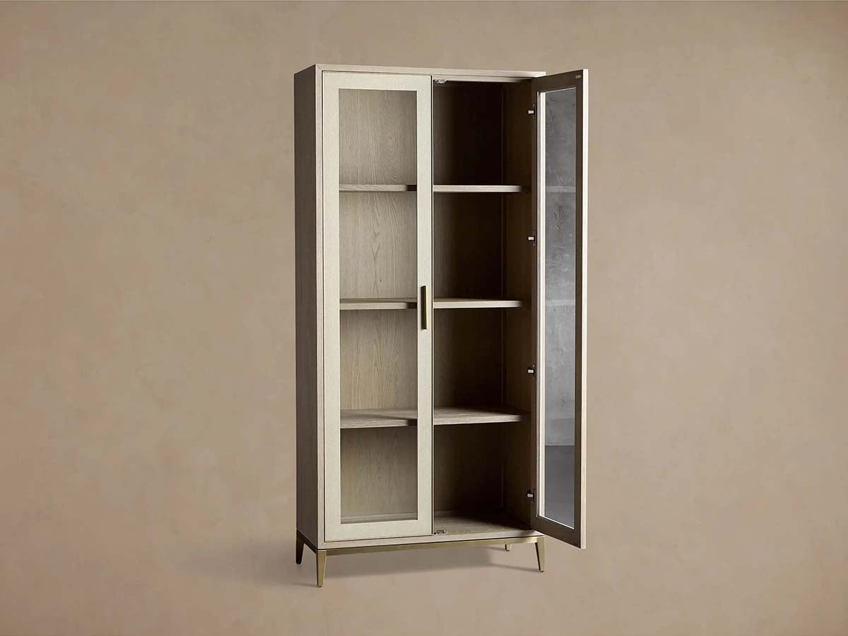 Malone Textured Leather Tall Display Cabinet Wood Storage Cabinet with Glass Doors