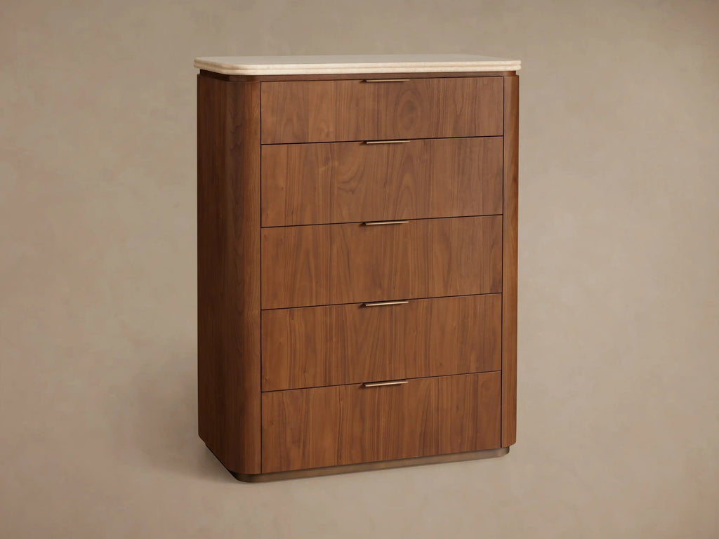 Caden Five-Drawer Dresser in Walnut with Stone Top and Soft-Close Drawers