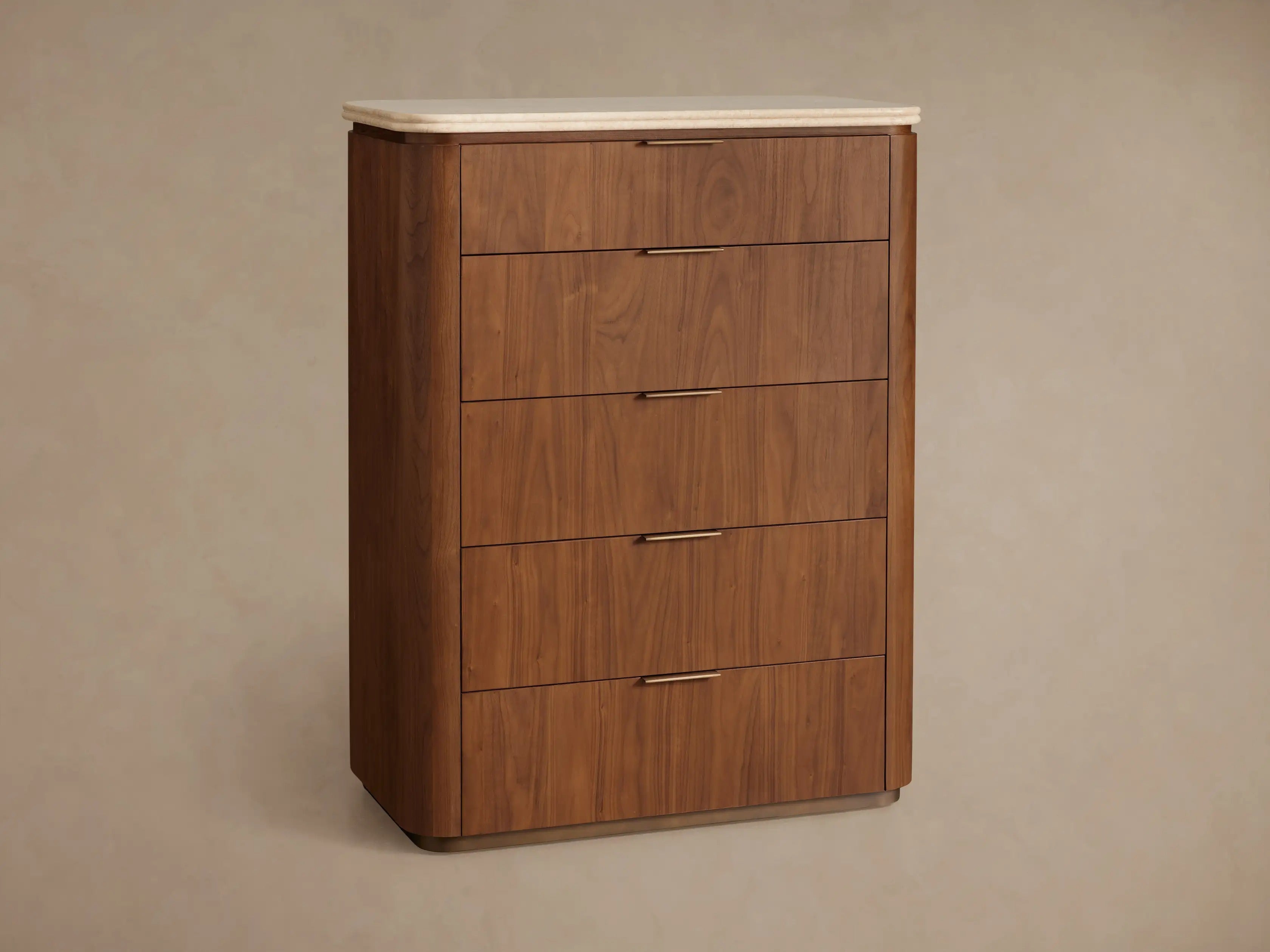 Caden Five-Drawer Dresser in Walnut with Stone Top and Soft-Close Drawers