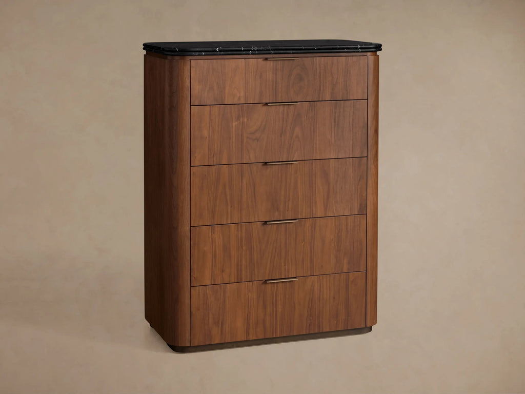Caden Five-Drawer Dresser in Walnut with Stone Top and Soft-Close Drawers
