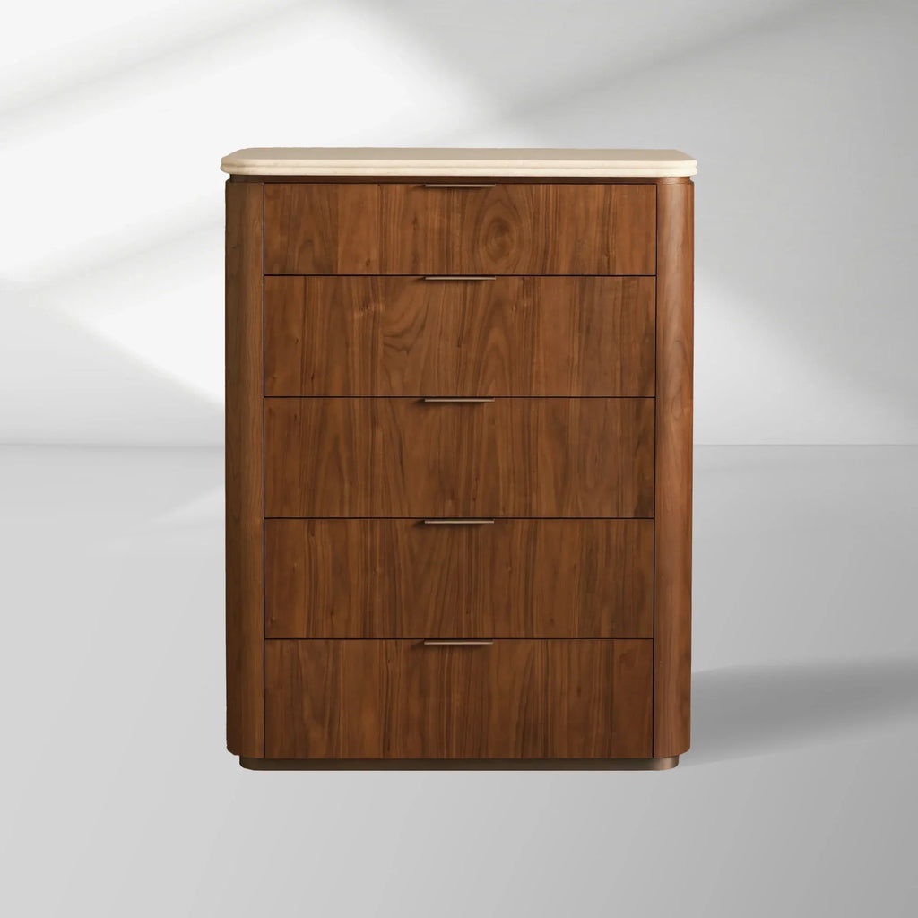Caden Five-Drawer Dresser in Walnut with Stone Top and Soft-Close Drawers