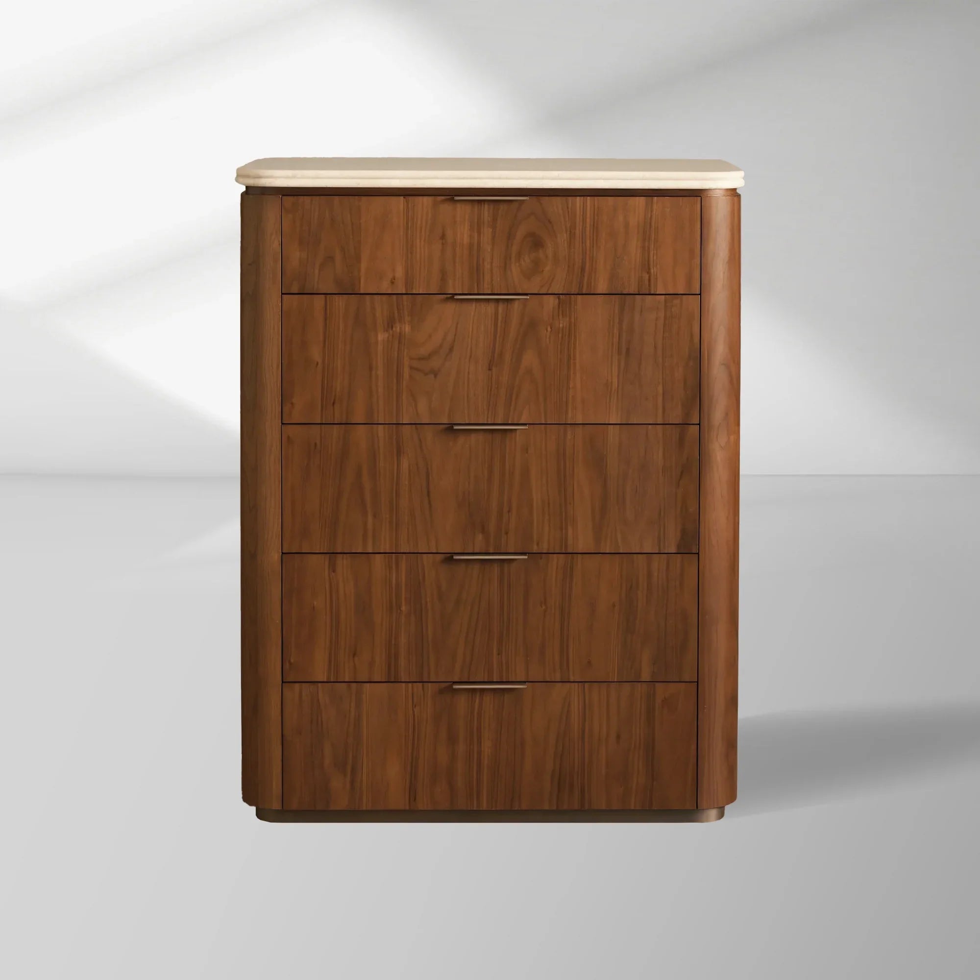 Caden Five-Drawer Dresser in Walnut with Stone Top and Soft-Close Drawers