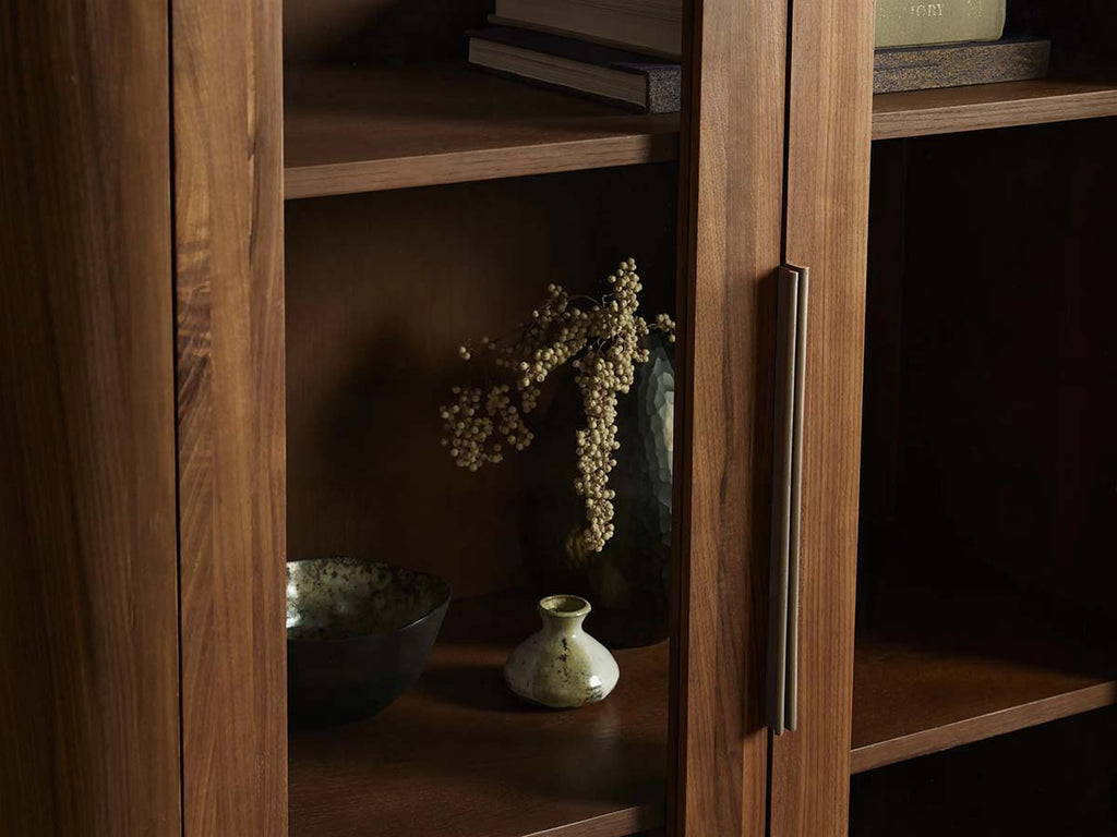 Caden Walnut Tall Display Cabinet Wood Curio Storage Cabinet Entryway China Cabinet Glass Door Bookcase