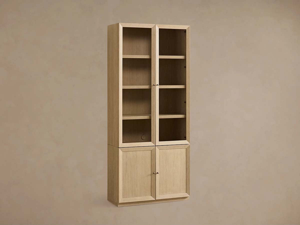 Nason Modular Glass Display Cabinets Oak Wood Tall Cabinets Large Bookcase with Integrated LED Lighting