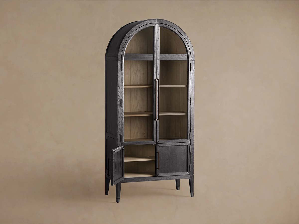 Hattie Glass Tall Display Cabinet Oak Wood Living Room Storage Cabinet