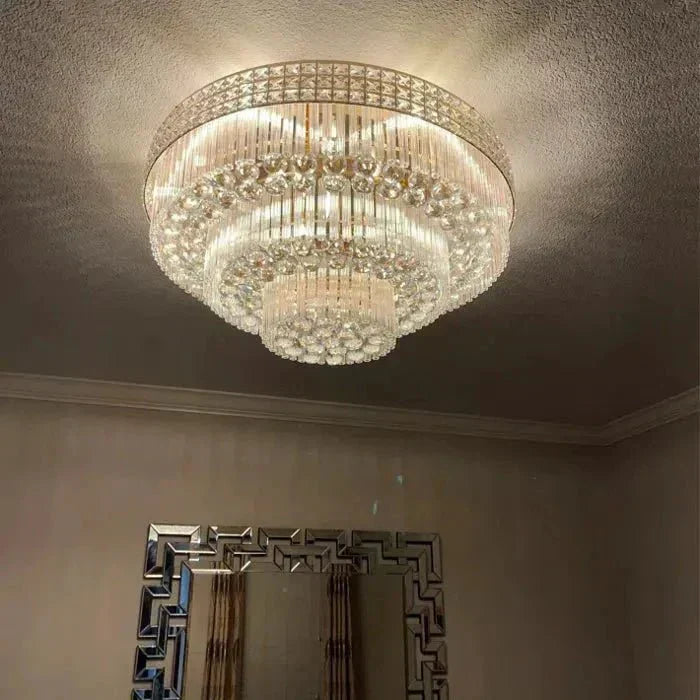 Extra Large Three Layers Round Luxury Flush Mounted Crystal Chandelier for Living Room - D31.5"*H14.2"Warm Light Luxvena