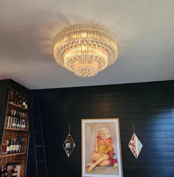 Extra Large Three Layers Round Luxury Flush Mounted Crystal Chandelier for Living Room - D31.5"*H14.2"Warm Light Luxvena