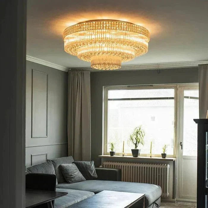 Extra Large Three Layers Round Luxury Flush Mounted Crystal Chandelier for Living Room - D31.5"*H14.2"Warm Light Luxvena