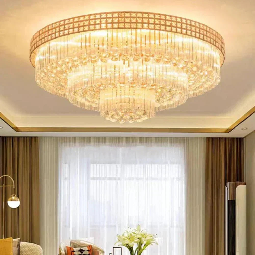 Extra Large Three Layers Round Luxury Flush Mounted Crystal Chandelier for Living Room - D31.5"*H14.2"Warm Light Luxvena