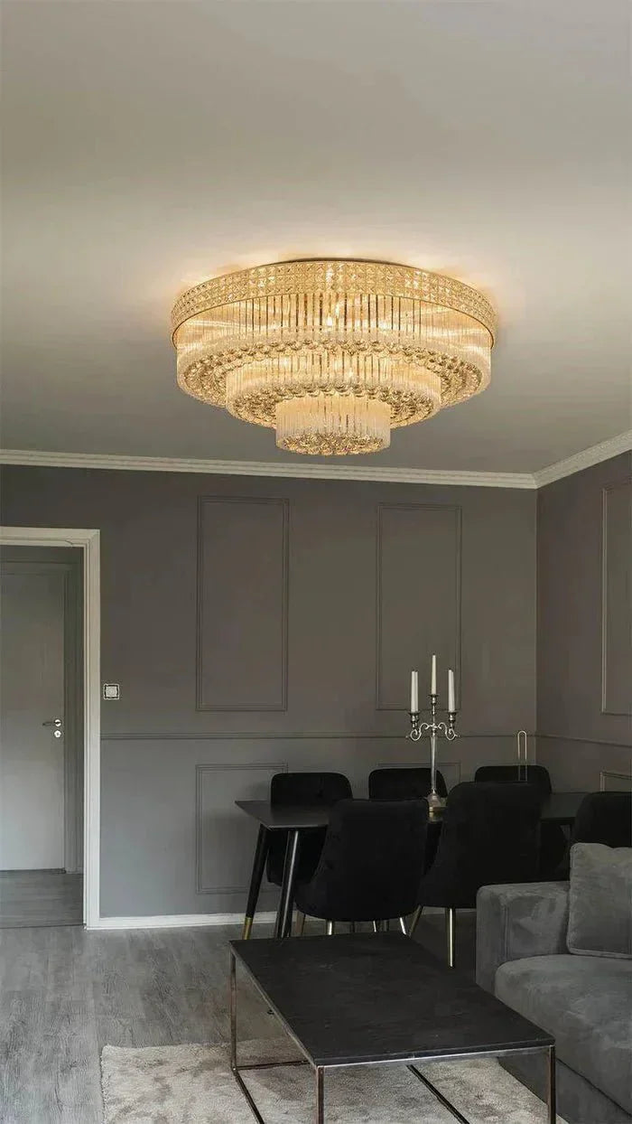 Extra Large Three Layers Round Luxury Flush Mounted Crystal Chandelier for Living Room - D31.5"*H14.2"Warm Light Luxvena