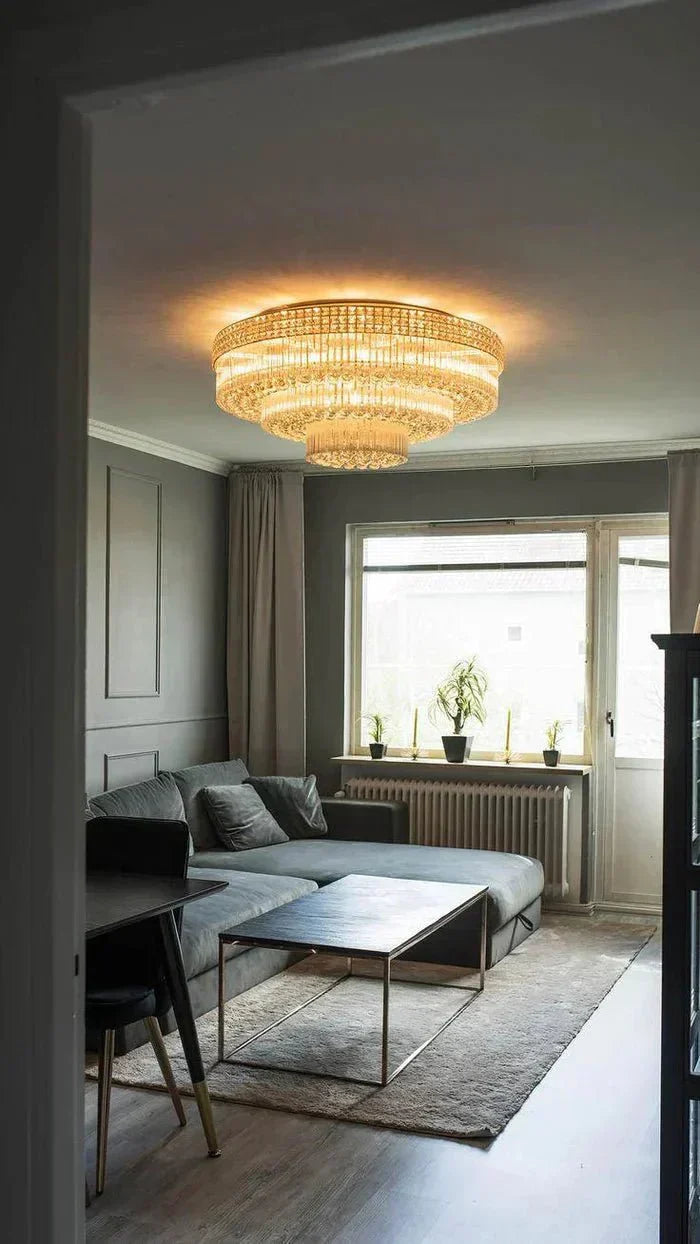 Extra Large Three Layers Round Luxury Flush Mounted Crystal Chandelier for Living Room - D31.5"*H14.2"Warm Light Luxvena