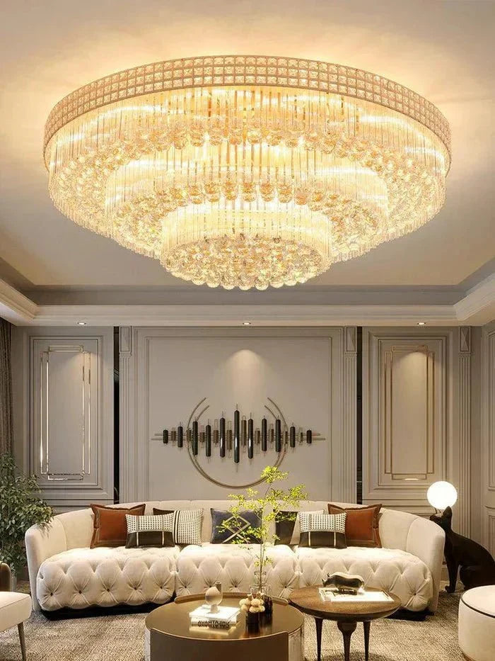Extra Large Three Layers Round Luxury Flush Mounted Crystal Chandelier for Living Room - D31.5"*H14.2"Warm Light Luxvena