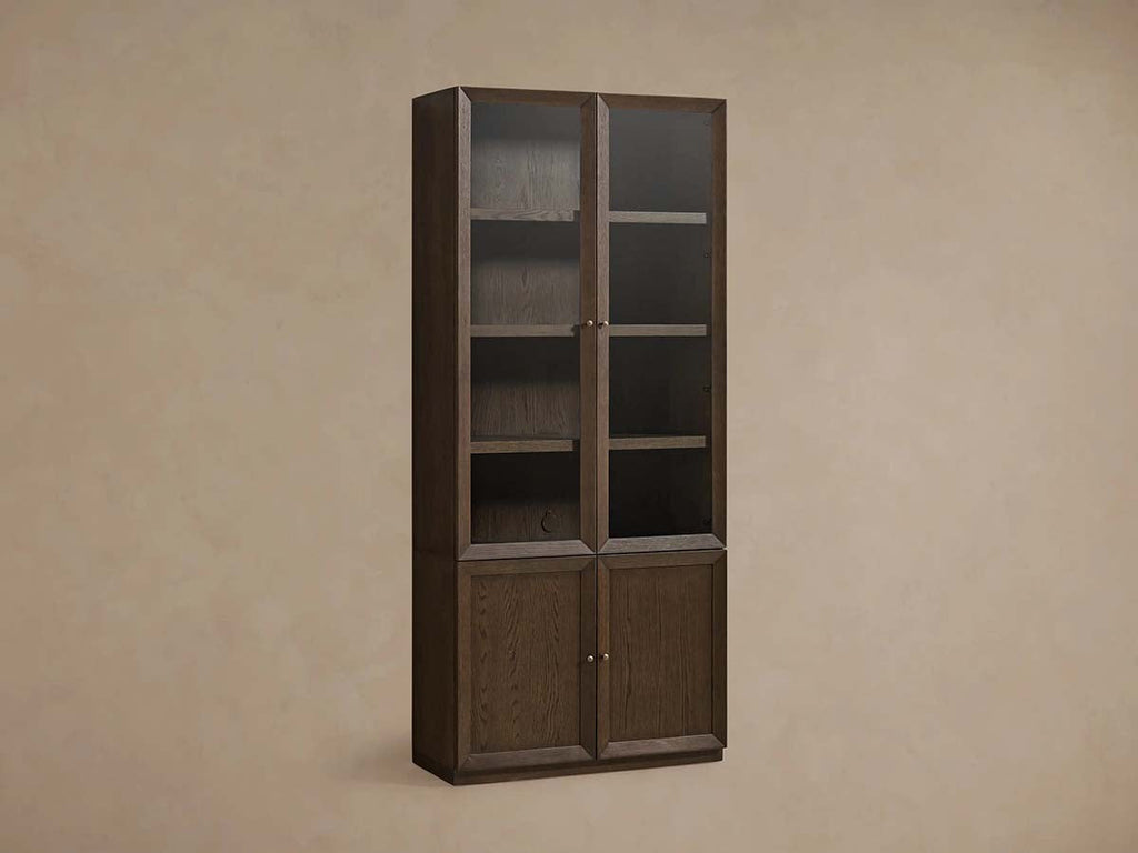 Nason Modular Glass Display Cabinets Oak Wood Tall Cabinets Large Bookcase with Integrated LED Lighting