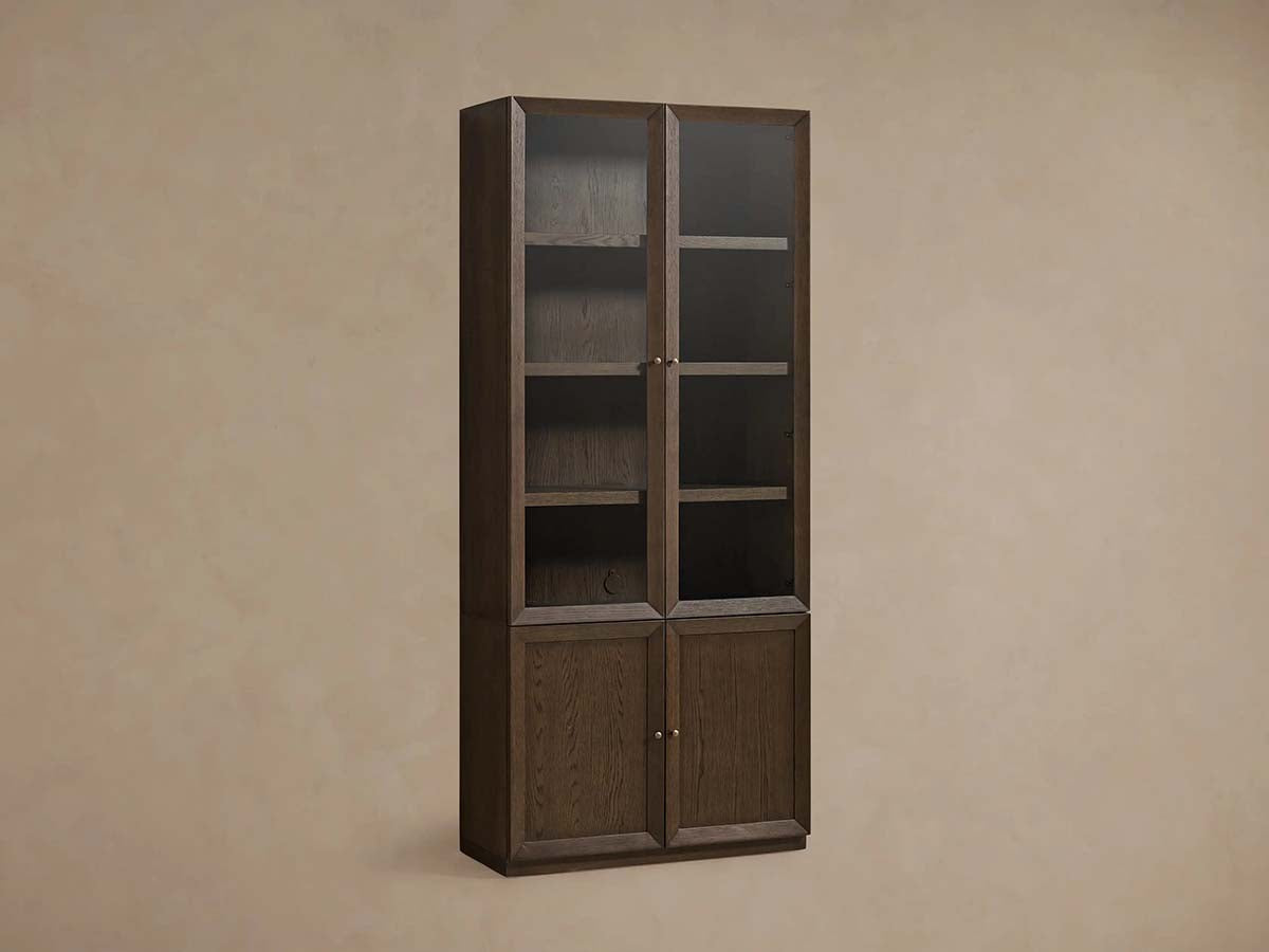 Nason Modular Glass Display Cabinets Oak Wood Tall Cabinets Large Bookcase with Integrated LED Lighting