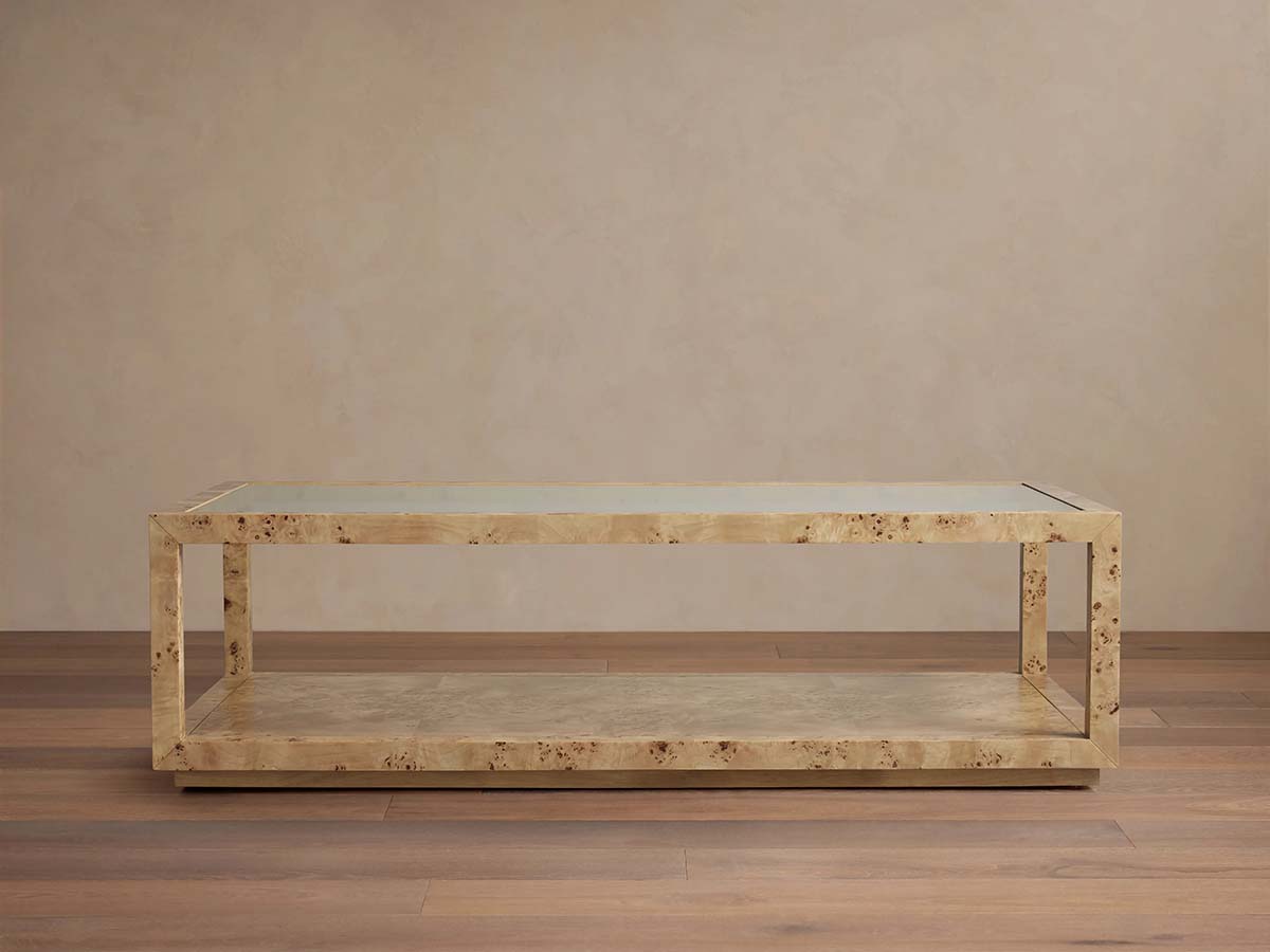 Corey Mappa Burl Wood Coffee Table Glass Tabletop Cocktail Table Rectangle Sofa Center Tea Table