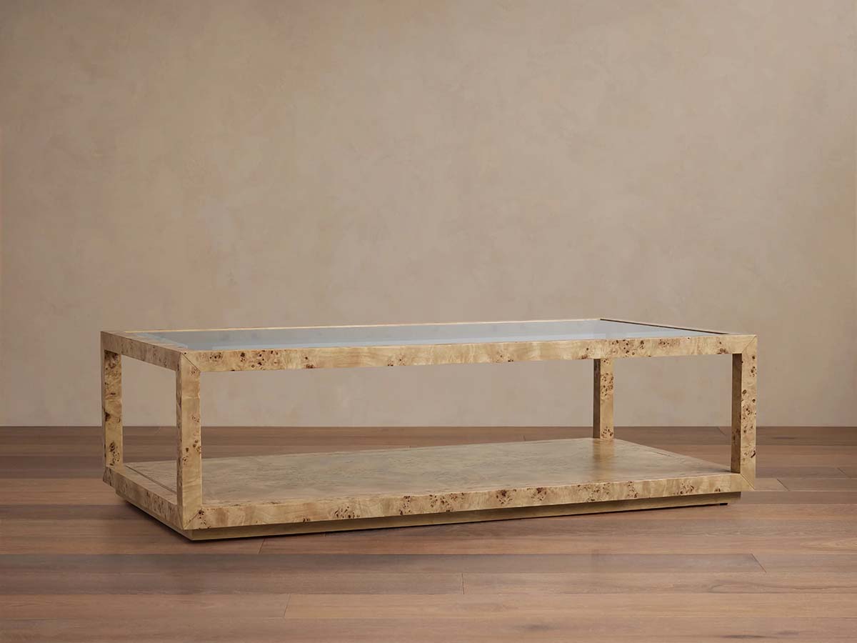 Corey Mappa Burl Wood Coffee Table Glass Tabletop Cocktail Table Rectangle Sofa Center Tea Table