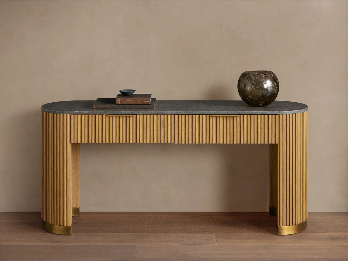 Finnley Stone Top Storage Console Solid Wood Hallway Entryway Table Entrance Cabinet With Drawers