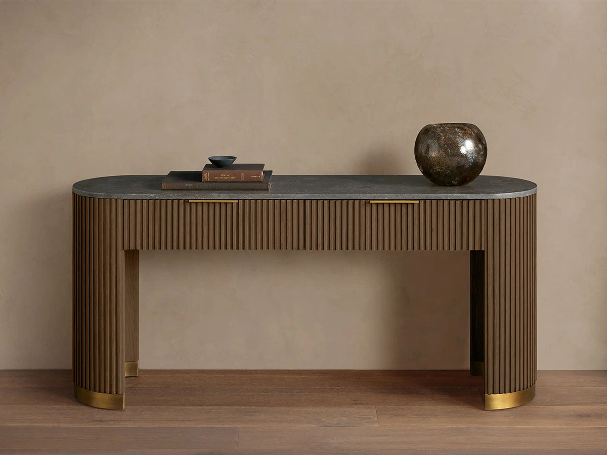 Finnley Stone Top Storage Console Solid Wood Hallway Entryway Table Entrance Cabinet With Drawers