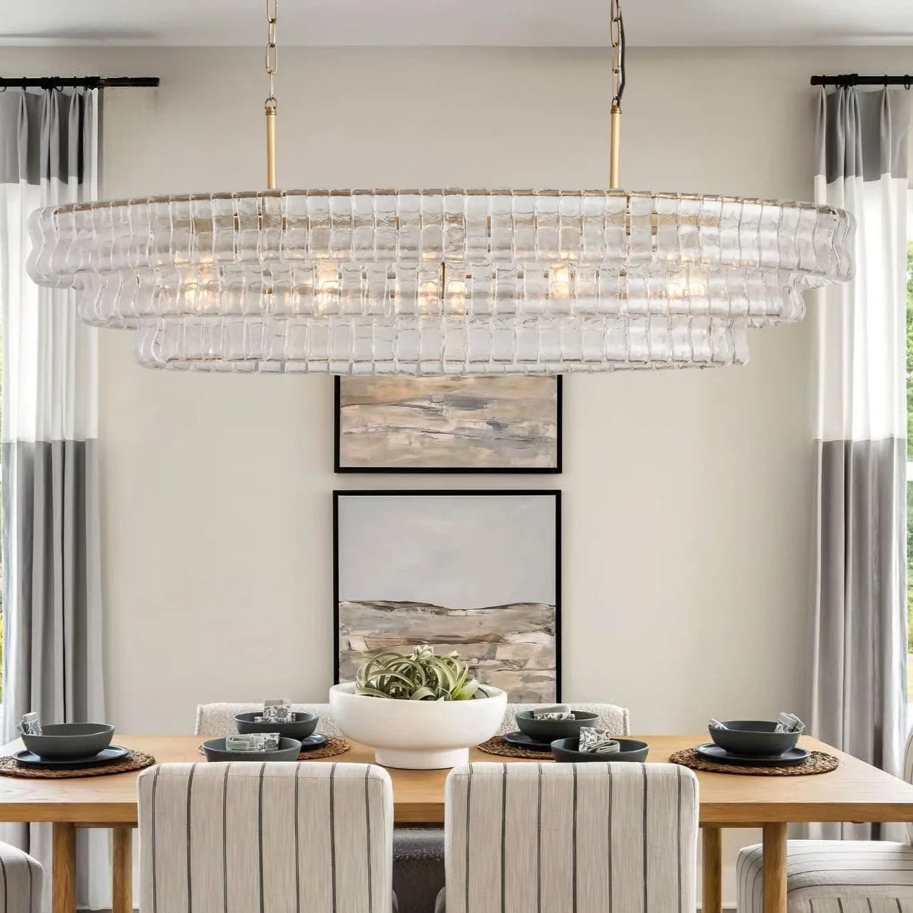 Transitional Ice Glass Oval Chandelier