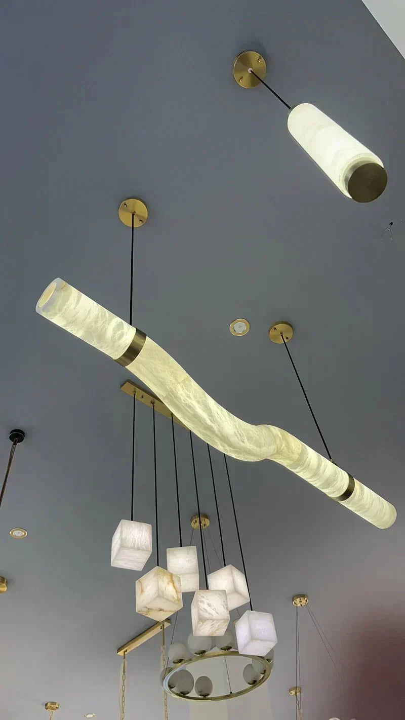 Liberty Curved Pendant Alabaster Chandelier, Pendant Light Over Dining Table - Style ABrass Luxvena