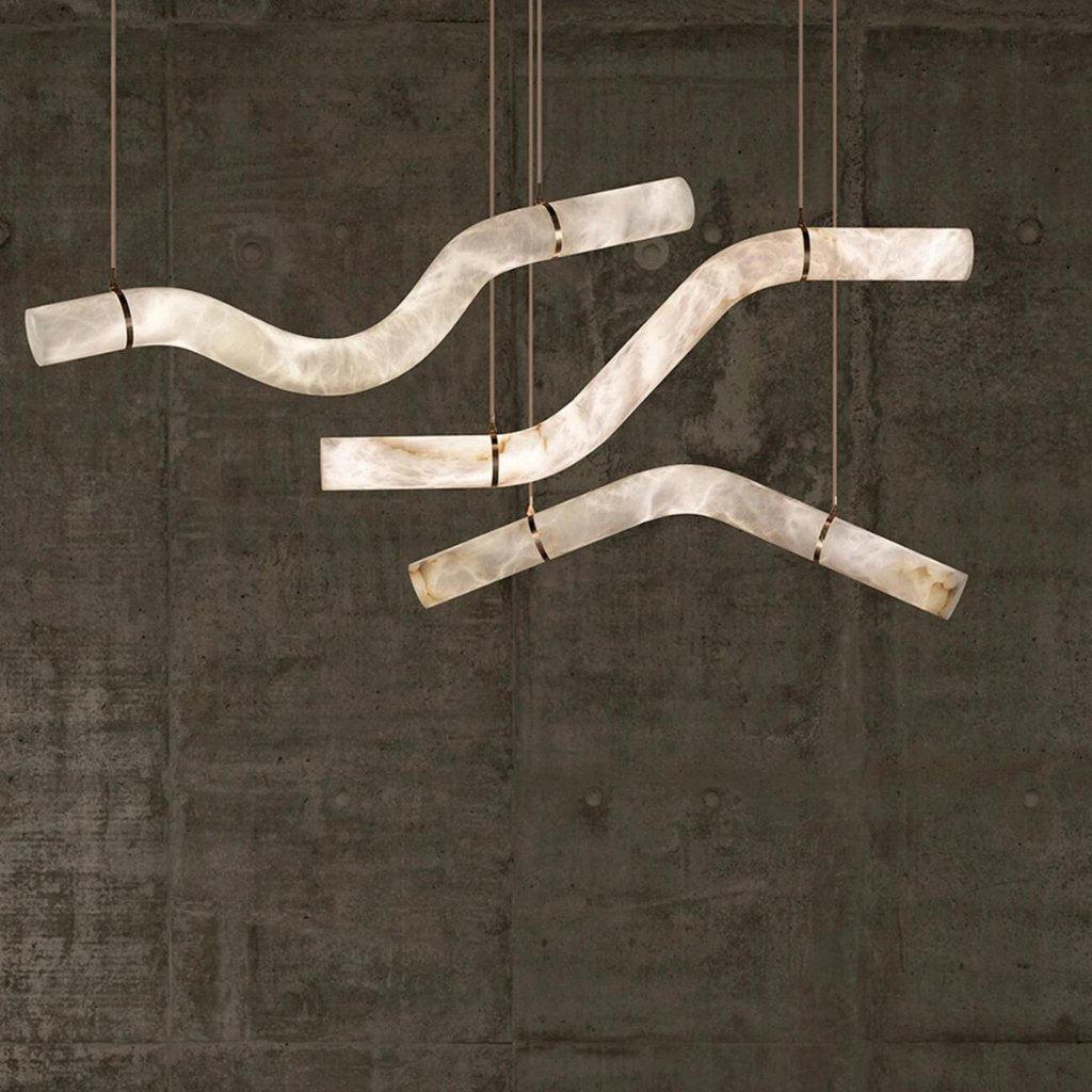 Liberty Curved Pendant Alabaster Chandelier, Pendant Light Over Dining Table - Style ABrass Luxvena