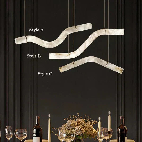 Liberty Curved Pendant Alabaster Chandelier, Pendant Light Over Dining Table - Style ABrass Luxvena