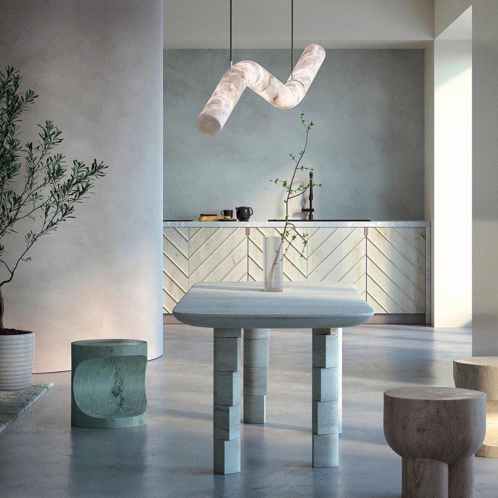 Liberty Curved Pendant Alabaster Chandelier, Pendant Light Over Dining Table - Style ABrass Luxvena