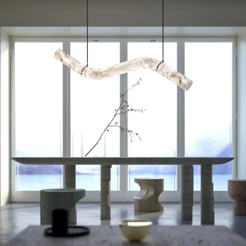 Liberty Curved Pendant Alabaster Chandelier, Pendant Light Over Dining Table - Style ABrass Luxvena