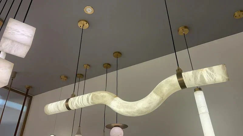 Liberty Curved Pendant Alabaster Chandelier, Pendant Light Over Dining Table - Style ABrass Luxvena