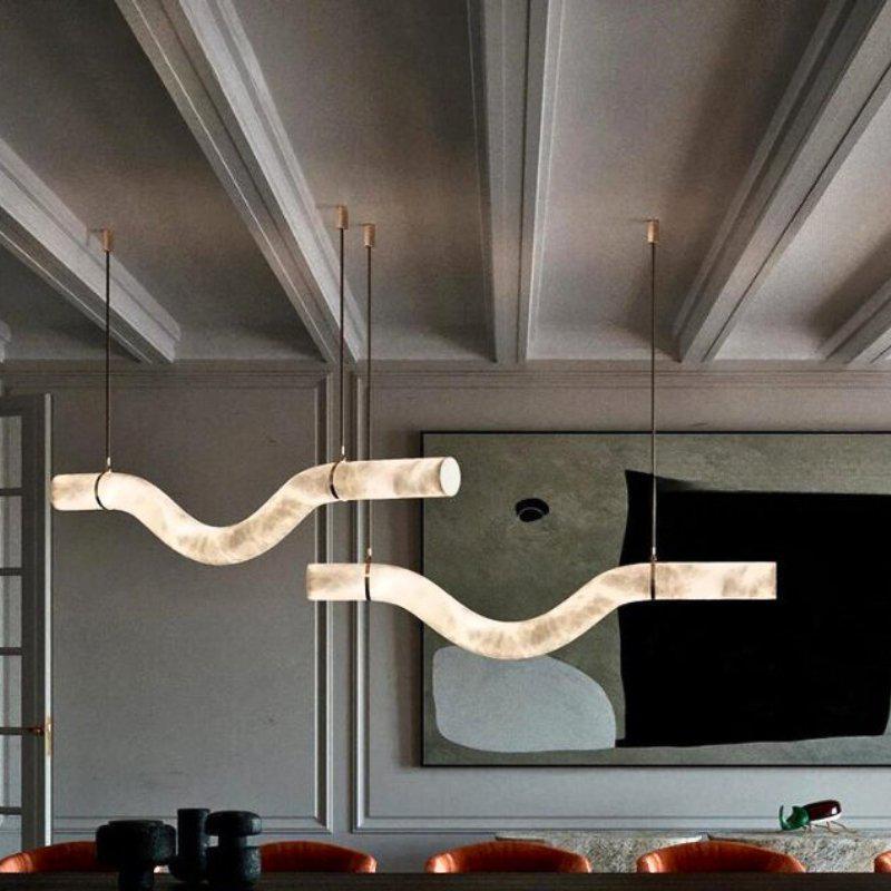 Liberty Curved Pendant Alabaster Chandelier, Pendant Light Over Dining Table - Style ABrass Luxvena
