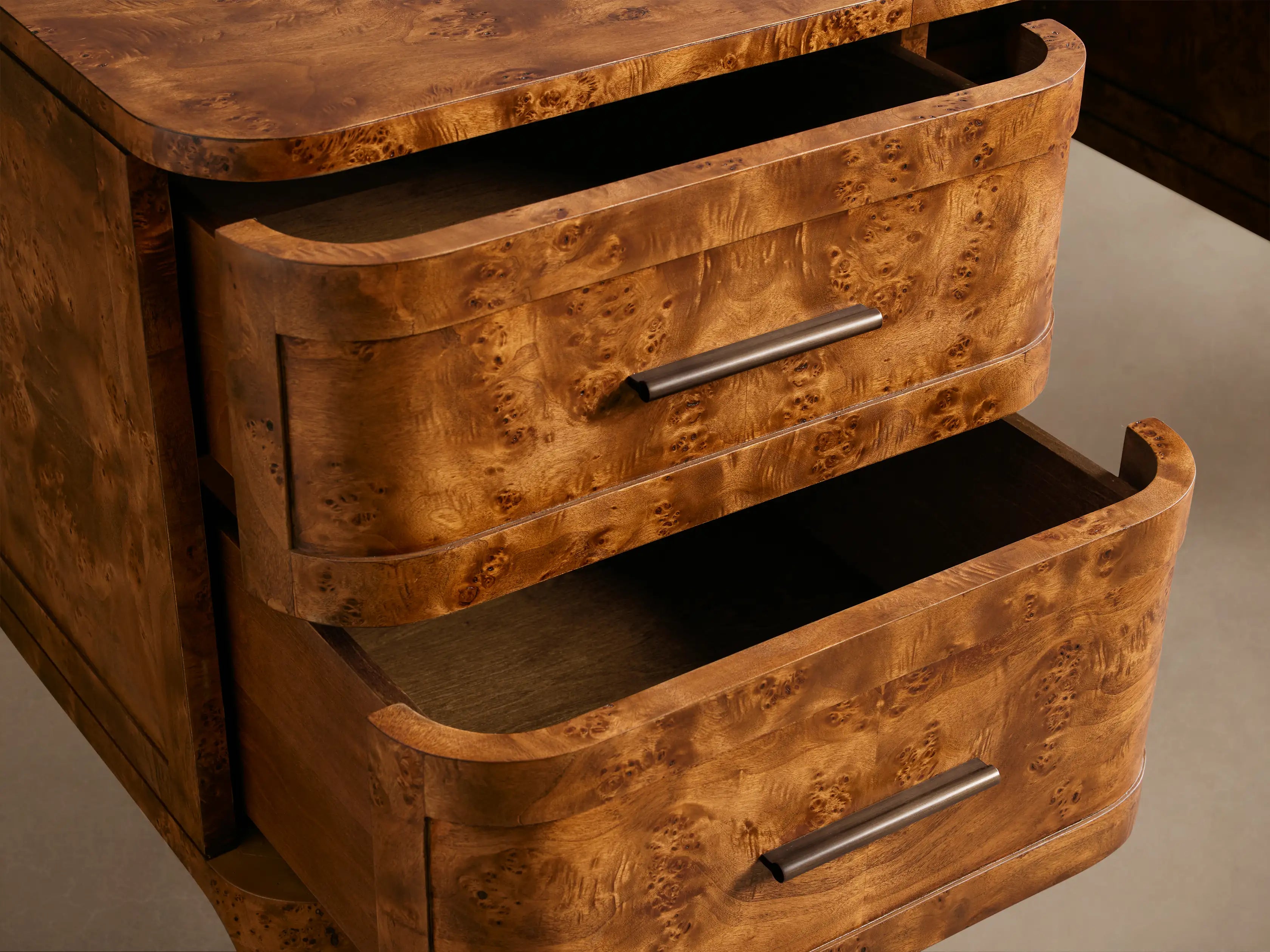 Mogadore Executive Desk in Mappa Burl Wood with Soft-Close Drawers