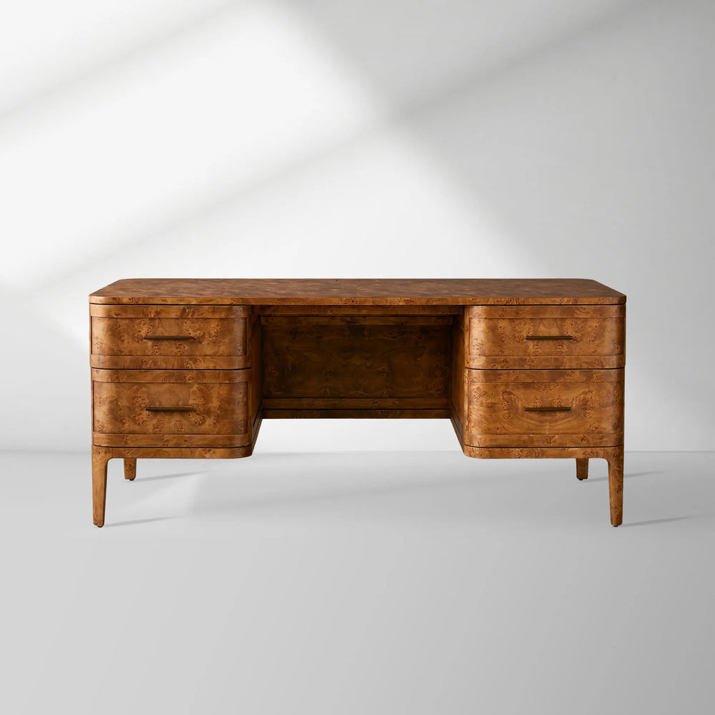 Mogadore Executive Desk in Mappa Burl Wood with Soft-Close Drawers