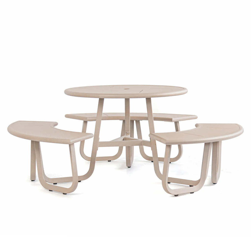 Monument Aluminum Round Outdoor Picnic Table with Teak Top