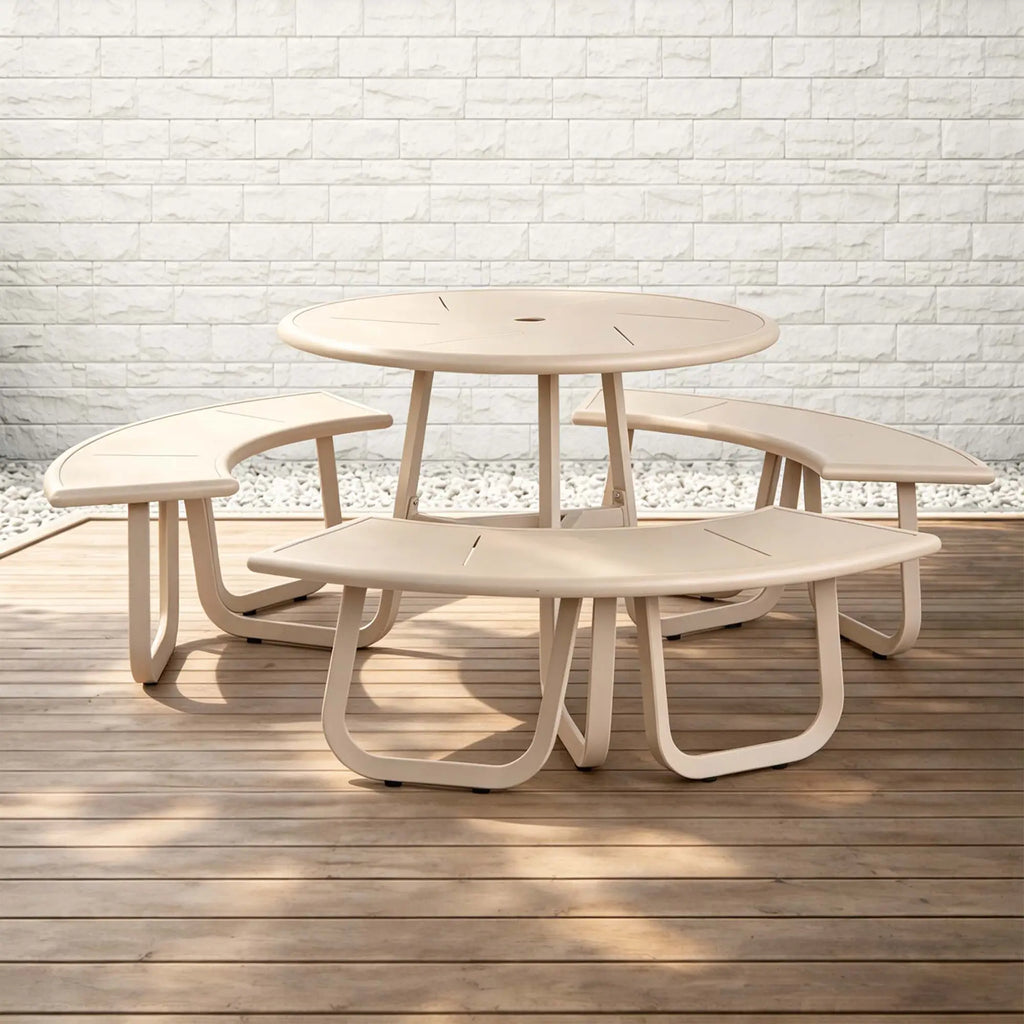 Monument Aluminum Round Outdoor Picnic Table with Teak Top