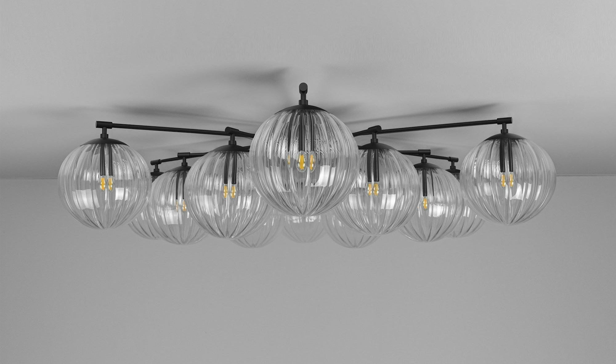Orion Oval Flush Mount Base Chandelier Ø47.8″ - Black gunmetalBorosilicate Transparent Ribbon Glass Luxvena