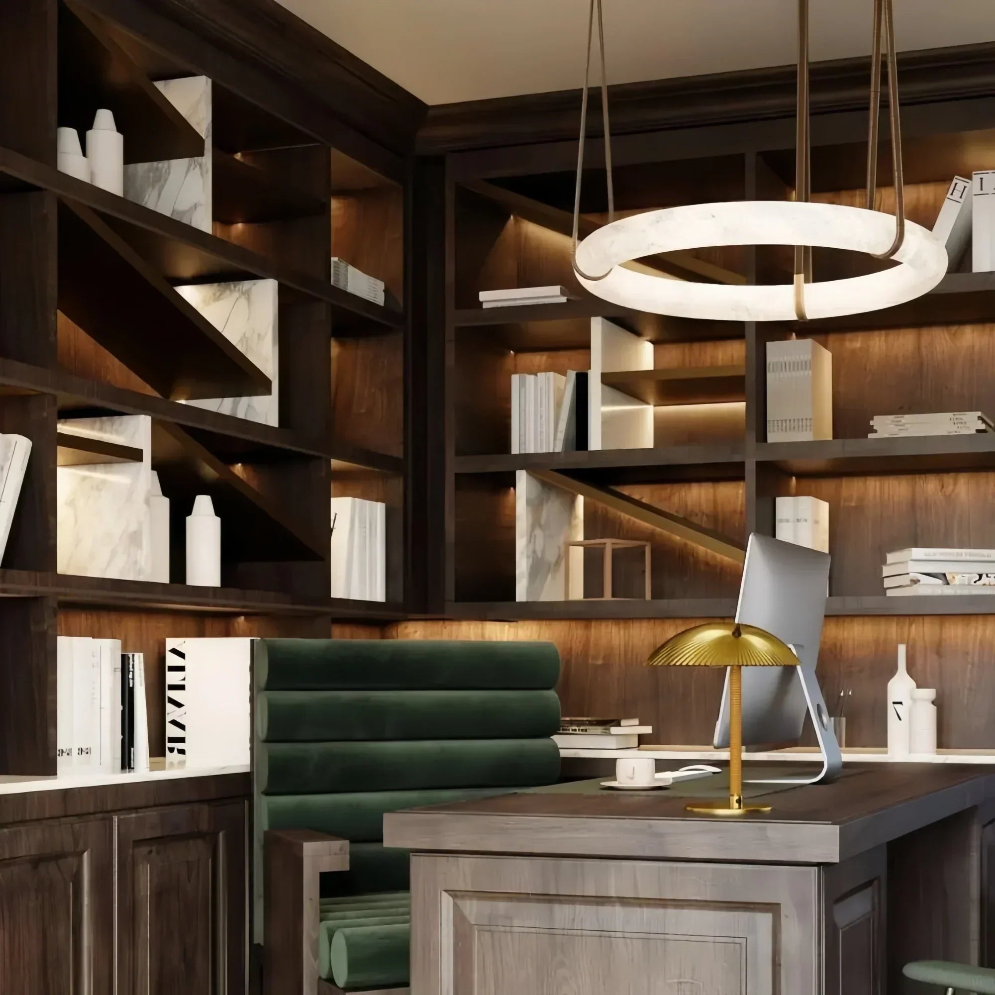 Oslo L1P Pendant Alabaster Chandelier, Halo Ring Chandelier With canopy Over Dining Table-Chandelier-45'' D Single Ring - Luxvena